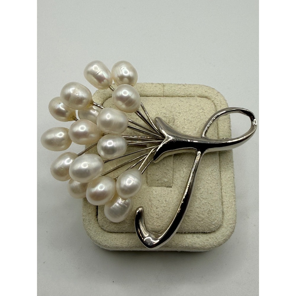 Silver Tone Brooch White Freshwater Pearl Bouquet Pin